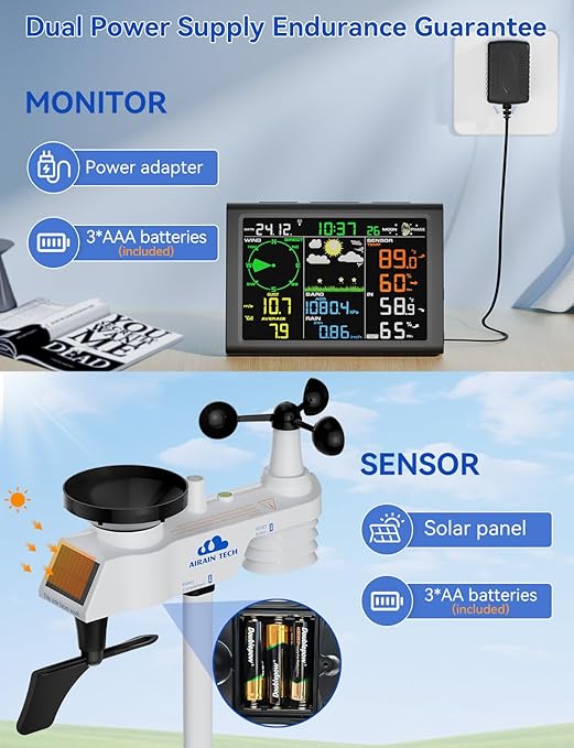 AIRAIN TECH 10-in-1 Wireless Weather Station,with Outdoor Sensor,Rain Gauge,Atomic Clock,Wind Speed/Wind Direction,Indoor Temperature and Humidity,Barometer,Weather Forecast, etc.(NO WiFi)
