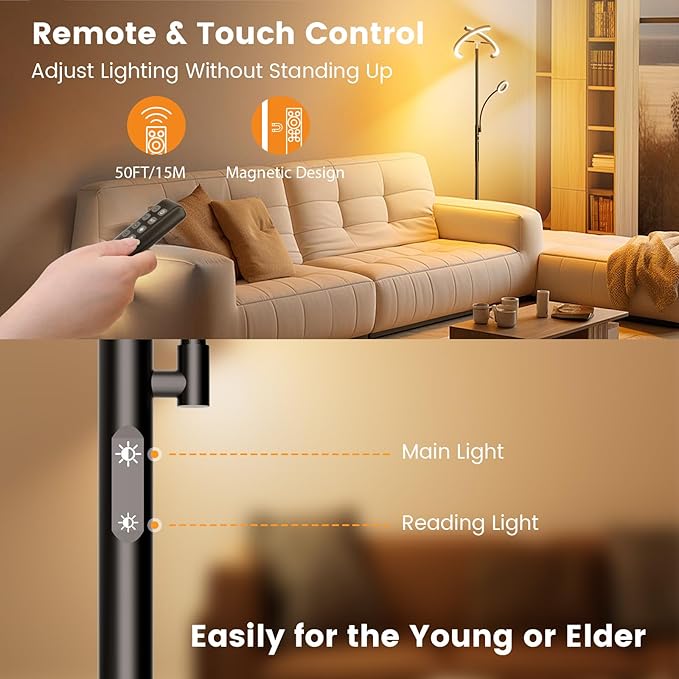 SIBRILLE LED Floor Lamp for Living Room - Modern Standing Lamp with Reading Light, Remote Touch Control Floor Light Dimmable Mother-Daughter Tall Bedroom Lamp for Couch Office, 29W, Black