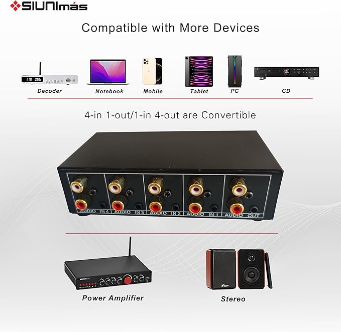 SIUNIMAS 4-in 1-Out RCA and 3.5mm Aux Audio Receiver Switching Box 4 Channels Audio Converter Passive Audio Selector Switch Box 1-in 4-Out (S401-RCA AUX)