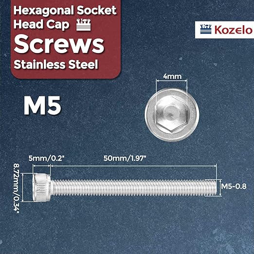 Kozelo 30pcs Socket Head Cap Screws - [M5-0.8 x 50mm] 304 Stainless Steel Allen Socket Drive for Electrical Motor 3D Printing Fan Engine Replacement Use, Silver