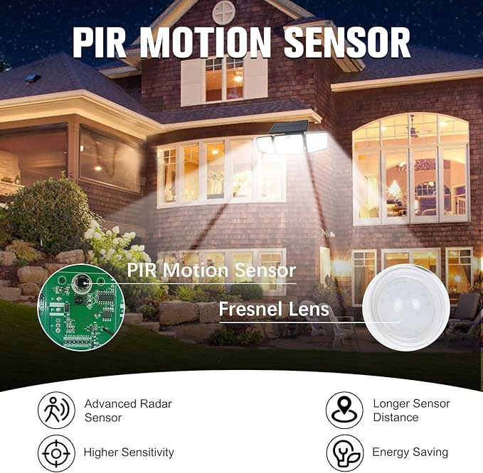 daphino 2500LM Solar Lights Outdoor with Motion Sensor,3 Head 270° Wide Angle Street Area Lights,IP65 Waterproof Security Lighting with 3 Modes(Remote,2 Pcs)