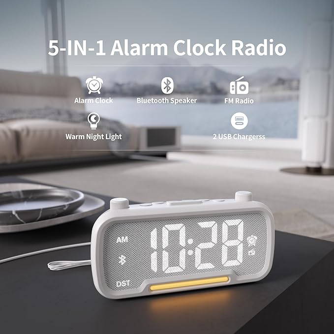 Alarm Clock Radio for Bedrooms, Hi-Fi Sound, Clock Radio with Bluetooth Speaker, Adjustable Dimmer, Auto-off Timer, Night Light, Dual Charging Ports, Ideal for Bedrooms, Dorms & Home Offices(White)