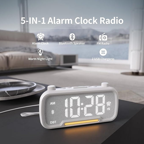 Alarm Clock Radio for Bedrooms, Hi-Fi Sound, Clock Radio with Bluetooth Speaker, Adjustable Dimmer, Auto-off Timer, Night Light, Dual Charging Ports, Ideal for Bedrooms, Dorms & Home Offices(White)