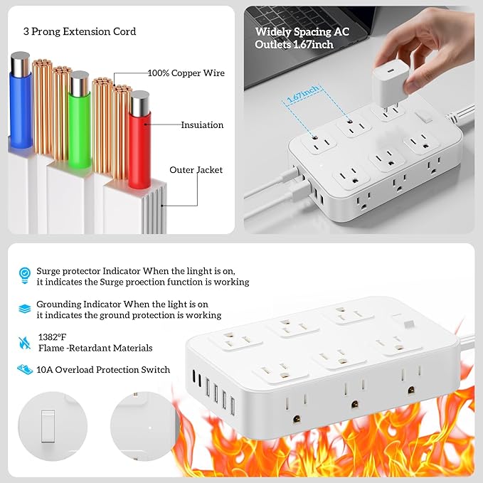 Solidock Flat Plug Power Strip Surge Protector with 12 AC Outlets 6 USB Ports 3 Side Multi Plug Outlet Extender 15 Ft Extension Cord for Home Office Kitchen Dorm Wall Desk Charging Station ETL Listed