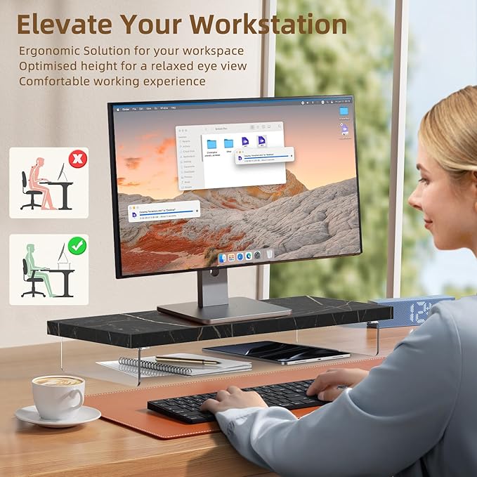 SSWOOD Monitor Stand Riser, Wood & Acrylic Computer Monitor Stand Desk Desktop Organizer Table for Home, Office Workspace, Laptop Riser, Printer, PC & TV Screen Riser