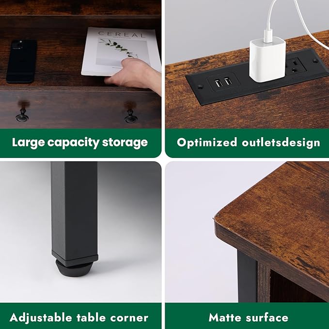 Tykacna 27 Inch Wide Night Stand, Large Wood Night Stand Set 2 with 2 Drawers, LED Nightstand with Charging Station and Adjustable Drawer, Bedside Table for Living Room/Bedroom/Study/Office, Retro.
