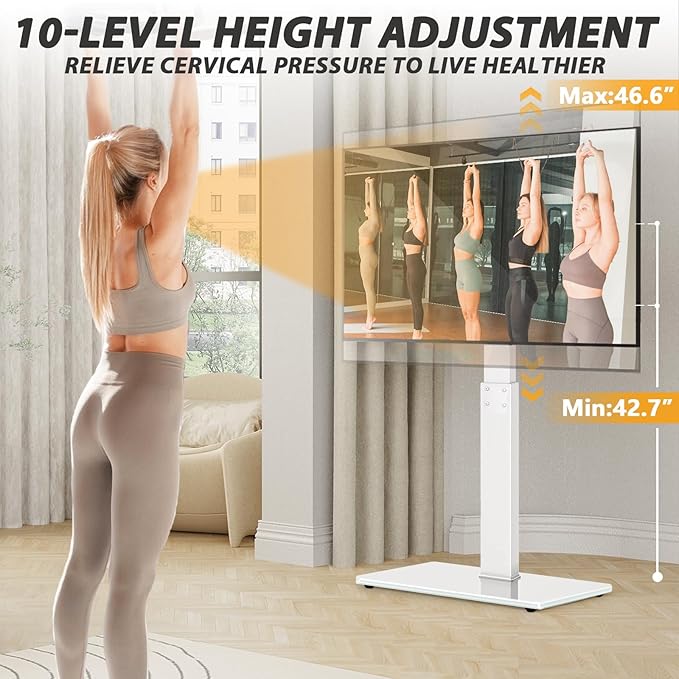 TAVR Universal Floor TV Stand Base for 32-70 Inch TVs up to 110 Lbs with Swivel Height Adjustable Mount, White Tempered Glass Base for Media Storage