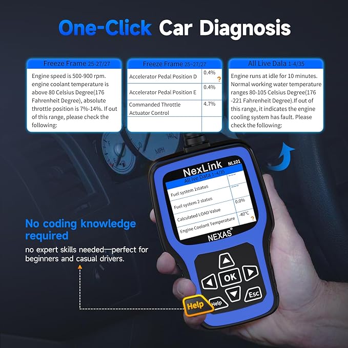 NEXAS NL101 OBD2 Scanner with Battery Tester - Check Engine Code Reader, Car Diagnostic Scanner with Live Data, Freeze Frame, I/M Readiness for All US Vehicles Since 1996