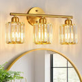 FDPBY Modern 3 Light Crystal Vanity Light, Brushed Gold Vertical Bathroom Light Fixture Over Mirror for Dressing Table Sink, Compatible with Dimmable Bulbs (Bulbs Not Included)