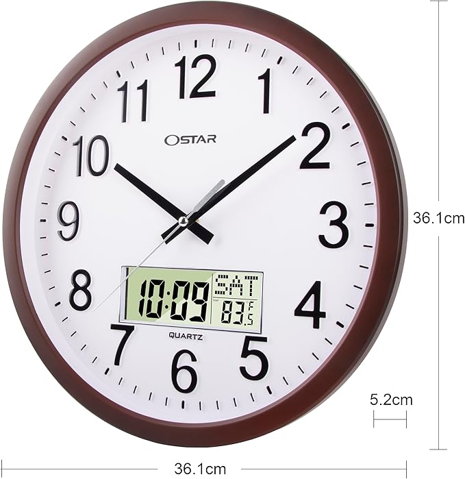 OSTAR 14" Large Analog Digital Display Wall Clock Silent Non-Ticking, Day of The Week Temperature Battery Operated Clock for Living Room Bedroom Kitchen