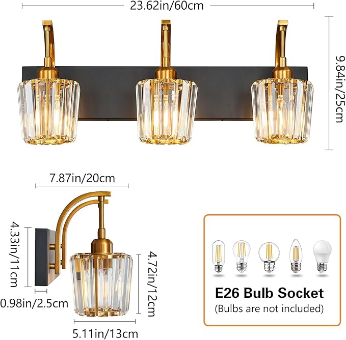 FDPBY Modern Bathroom Vanity Light, 3-Light Black Gold Wall Sconce with Crystal Accents, Over Mirror Bathroom Lighting Fixture, 23.62" Long Dimmable Vanity Lamp for Makeup, Easy Installation