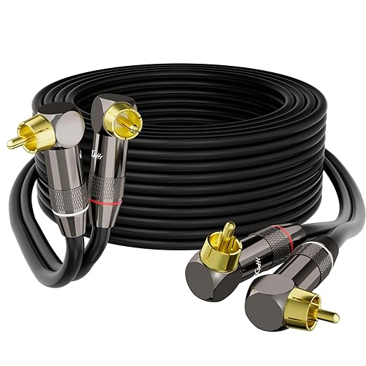 Right Angle RCA Cable 30 FT, 90 Degree 2RCA to 2RCA Stereo Audio Cable, Zinc Alloy Shell, Gold-Plated Plug, 2 RCA Audio Cord, for Home Theater, Subwoofer, HDTV, Amplifier, Hi-Fi System, Car, Speaker