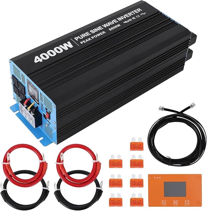 4000W Pure Sine Wave Inverter, 1 USB Port 5v/3.4a,LCD Display&Remote Controller for Home, RV, Truck