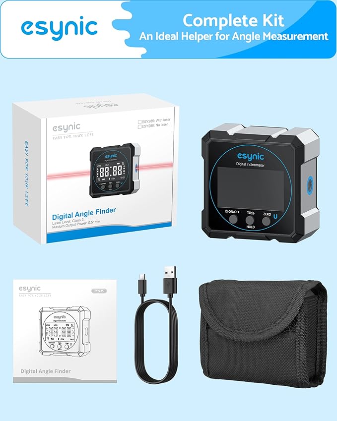 eSynic Digital Angle Finder with Laser USB-C Rechargeable Digital Inclinometer Level IP54 Waterpoof 4 Sides Magnetic Angle Gauge-Auto Off Backlight LCD Display for Construction (Laser Level: Class II)
