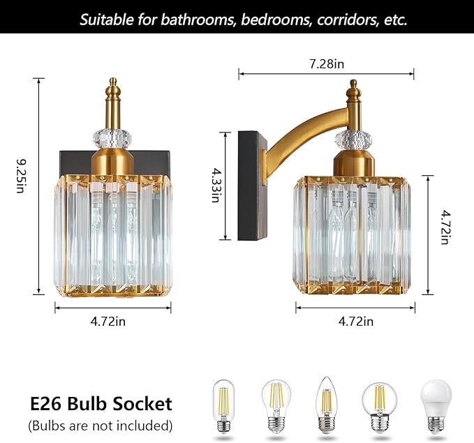 BBLLWJ Modern Wall Sconces Set of Two Black Gold Indoor Wall Mounted Room Sconce Crystal Wall Lighting Bathroom Vanity Light Fixtures