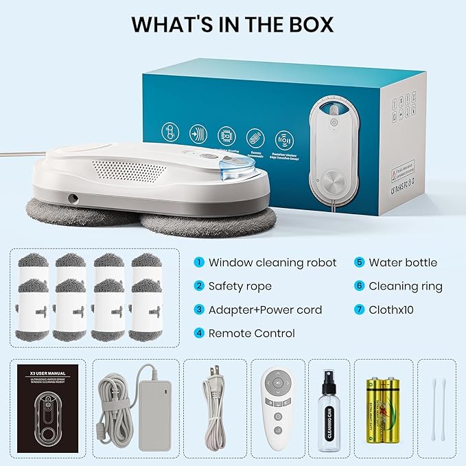 KKI Window Cleaning Robot, Auto Window Cleaner Robot, Dual Spray, Max 3200Pa, AI Path Planning & Edge Detection, Remote Control for High-Rise Windows, Glass Door,10xCloths, X3 (White)