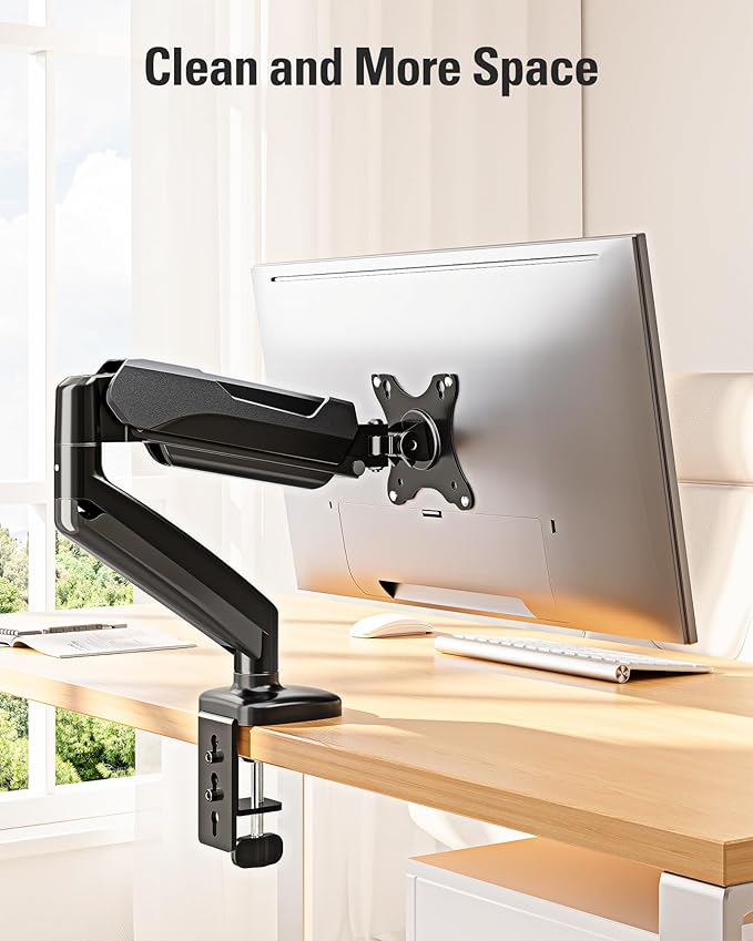 DreamAxis Single Monitor Mount, Gas Spring Monitor Arm for 17-32 Inch Computer Screens, Adjustable Monitors Stand for Desk, 75x75/100x100mm VESA Mount, with Clamp and Grommet Base, Holds 4.4-17.6lbs
