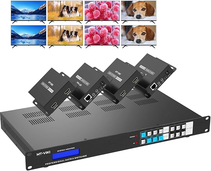 MT-VIKI 4K HDMI Matrix Extender 4x4 4K60Hz 4:4:4 Over CAT6/7/8 Cable, Matrix Splitter & Switcher with 4 POC Receivers + 4 Loop Out, Web GUI, RS232, Up to 230FT (70m)