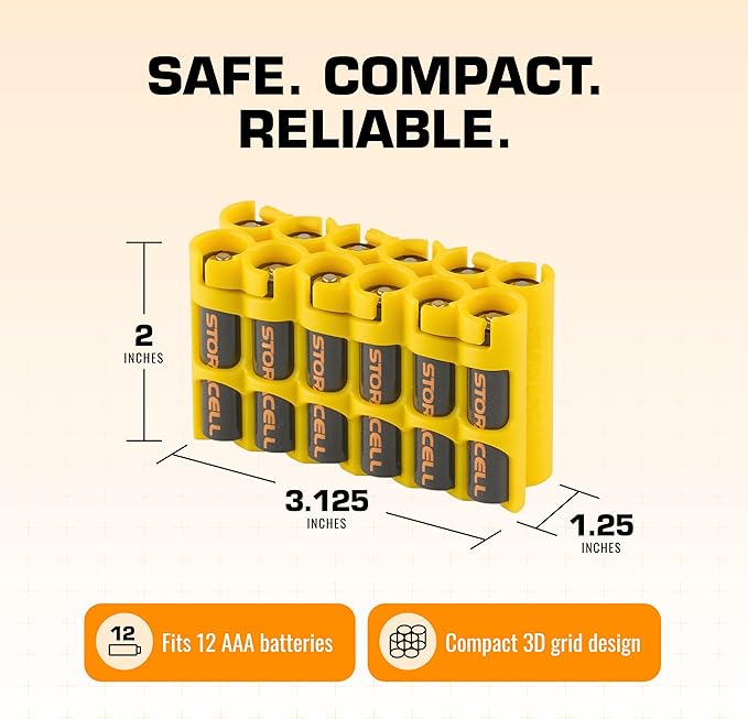 Storacell AAA-12 Battery Storage Caddy and Dispenser (Pack of 2), Yellow, Holds 12 AAA Batteries (Not Included), Durable & Compact Design, The Original Battery Caddy, Made in The USA
