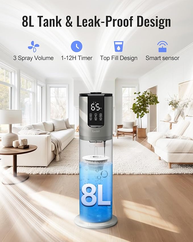 Lacidoll 8L Humidifiers for bedroom, Humidifiers large room up to 500 sq ft, Easy to Clean Humidifier with Washable Parts, Ultrasonic Cool Mist Humidifier for Home Plants Baby Nursery Office, Grey