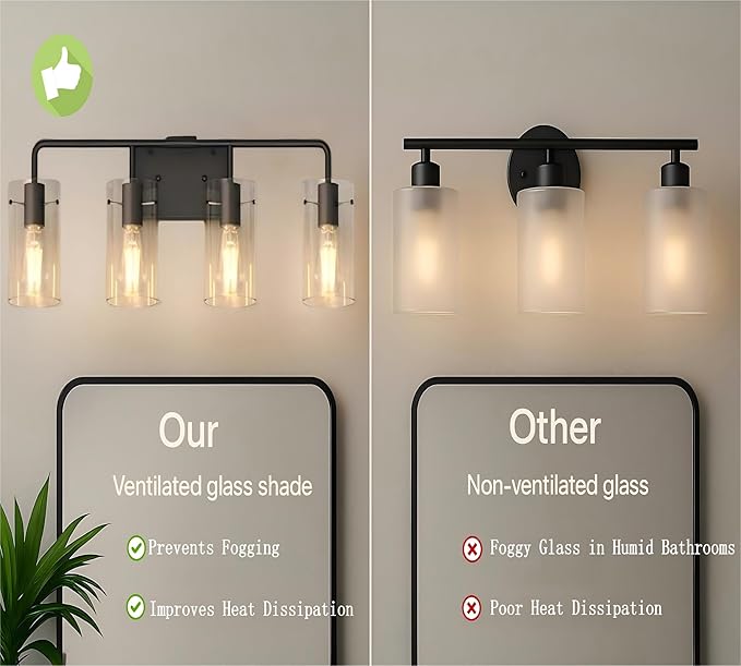 L LOHAS LED 4-Light Bathroom Light Fixtures, 26.37" Black Bathroom Vanity Light with Straight Glass Shades, Modern Vanity Lights for Mirror Living Room Hallway, E26, ETL Listed