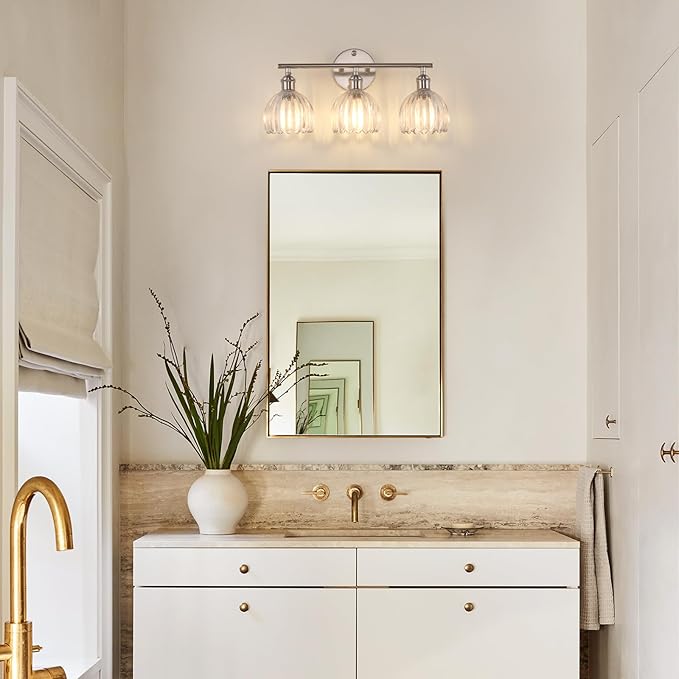Shenmoyl Bathroom Light Fixtures, 3-Light Vanity Wall Light Over Mirror with Clear Tulip Glass Shade for Bedroom Living Room (Bulb Not Included), Satin Nickel