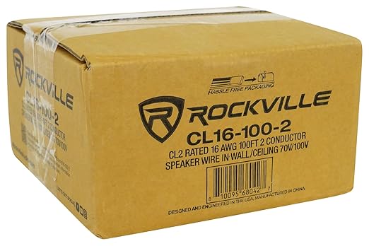 Rockville CL16-100-2 CL2 Rated 16 AWG 100' Speaker Wire, In-Wall and Ceiling Use, 2 Conductor, Oxygen-Free Copper, High Strand Count, Perfect for 70V/100V Home and Commercial Audio Installs