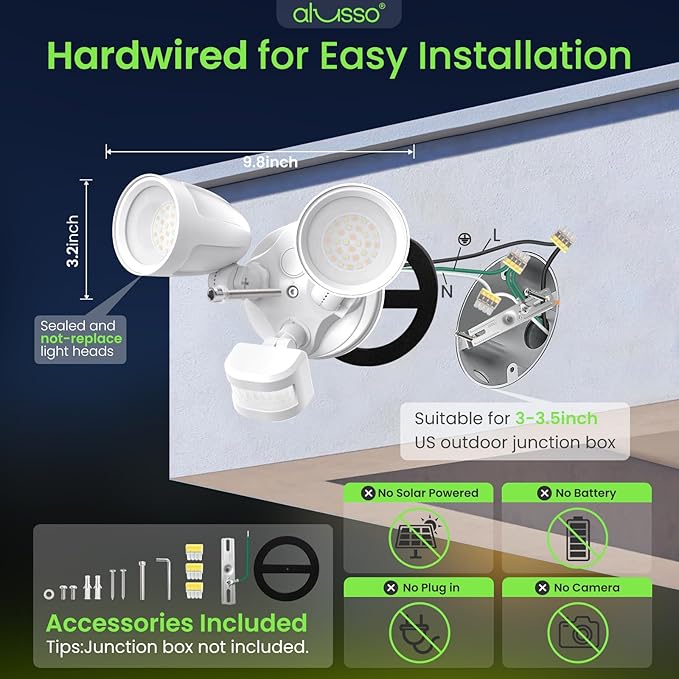 ALUSSO Motion Sensor Outdoor Lights Metal Heads, 30W Flood Lights Outdoor 3600LM, 3 Modes Dusk to Dawn/Auto/On Time, 3000K 4000K 6500K Adjustable, Hardwired Security Light ETL Listed, White 1PC