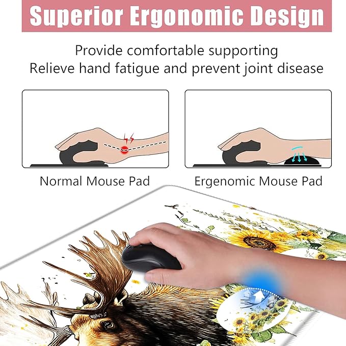 BFUKVOU Large Keyboard Mouse Pad Set, Extended Mouse Pad+Keyboard Wrist Rest Support, Memory Foam Ergonomic Easy Typing, 4Pcs (31.5×11.8 in) Desk Pad Set for Office Home,Deer and Sunflowers