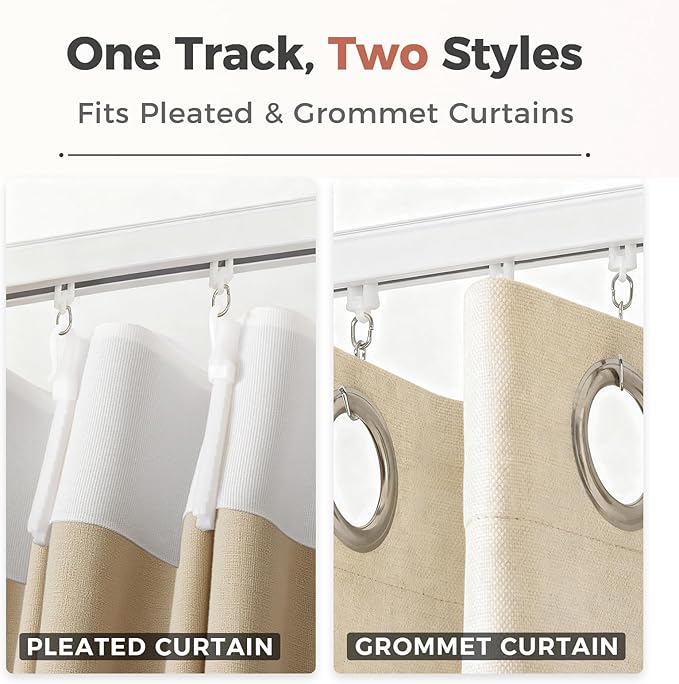 ChadMade Ceiling/Wall Mount Curtain Track Rod Set with Hooks, 6ft - 9ft Adjustable Length Window Rod Track Curtain Rail System For Living Room Bedroom, Work with Grommet and Pinch Pleated Curtain