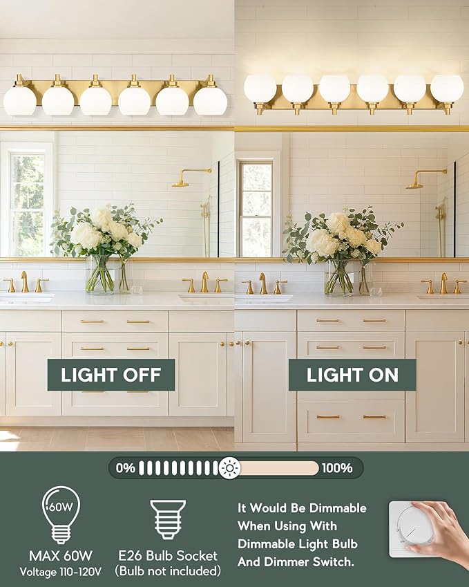 METWET Bathroom Light Fixtures, 6-Light Brushed Gold Bathroom Vanity Lights Over Mirror with Globe Milk White Glass Shade, 38 Inch Modern Vanity Lighting Fixtures, VL195-BG-ML-6