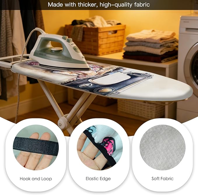 Nuxovilar Ironing Board Cover Needle Cotton 15x54 Inches | Ironing Board Cover and Pad Vintage Sewing Machine Floral Needle Cotton for Home, Laundry Room, Craft Nook