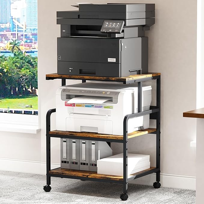 Arbuxzuy Large Printer Stand with Storage Shelf, 23.6" W x 18.9" D Printer Cart with Wheels, 3 Tier Mobile Printer Table for Home Office,Stands for Heat Press Scanner Fax (Brown)