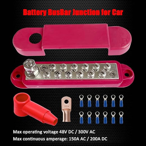1/4" Stud Power Distribution Block Bus Bar with 12 x #8 Screws, Ampper 5.3" 12V 150A Marine BusBar Battery Distribution Block Kit W/Cover for Car Boat Solar (Red)