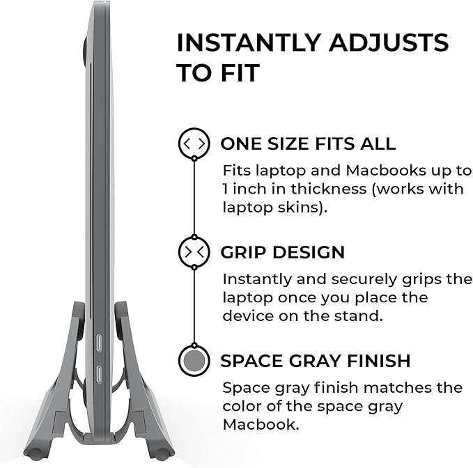 HumanCentric Vertical Laptop Stand for Desks in Space Grey, Upright Adjustable Holder to Dock Apple MacBook Stand, and Other Laptops to Organize Work & Home Office, Automatic Grip