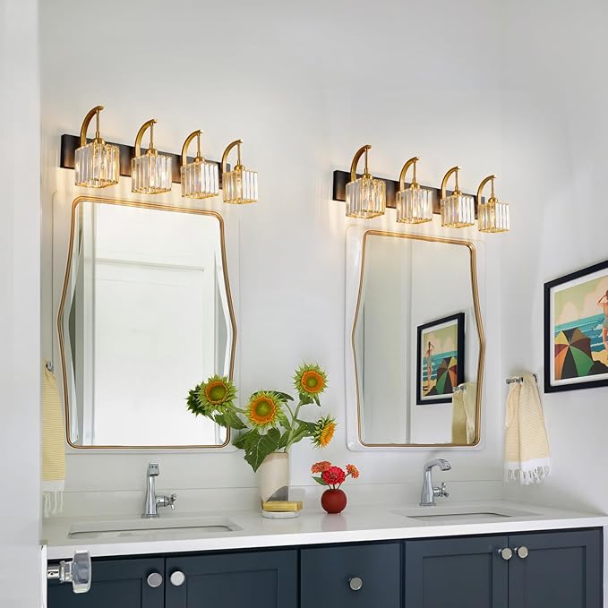 FDPBY Crystal Vanity Lights 4-Light Black Gold Bathroom Vanity Lights Modern Crystal Bathroom Light Fixtures Over Mirror 32.67" Long Vanity Light for Bathroom