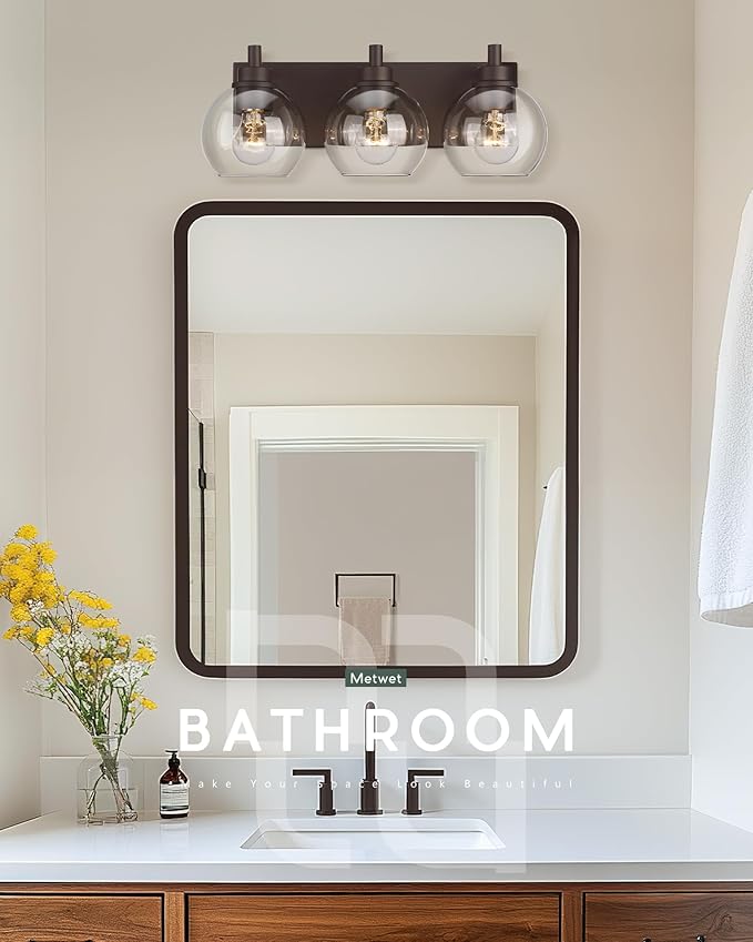 METWET Bathroom Light Fixtures Over Mirror, 3-Light Oil Rubbed Bronze Vanity Light with Clear Glass Globe Shade, Modern Sconces Wall Lighting, Bathroom Wall Lights for Bedroom Hallway, VL195-ORB-3