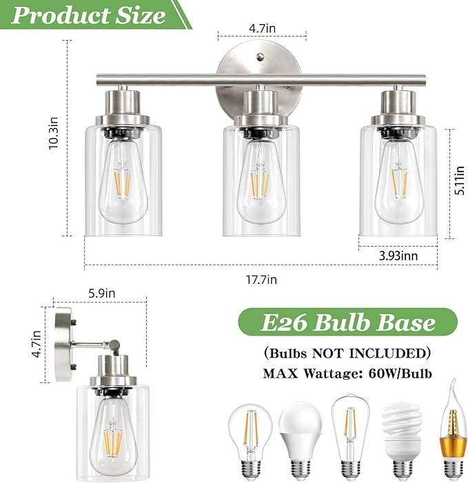 Guliaofo 3-Light Brushed Nickel Vanity Lights, E26 Modern Bathroom Light Fixtures with Clear Glass Shade, Wall Lamps for Mirror Kitchen Hallway Cabinet Living Room Sconces Lights