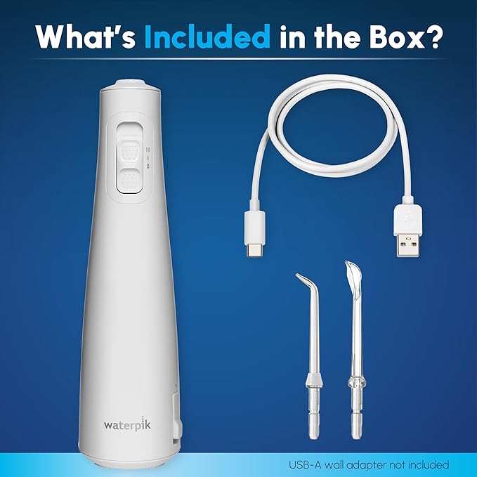 Waterpik Cordless Pulse Rechargeable Portable Water Flosser for Teeth, Gums, Braces Care and Travel with 2 Flossing Tips, Waterproof for Shower, ADA Accepted, WF-20 White, Packaging and Tips May Vary