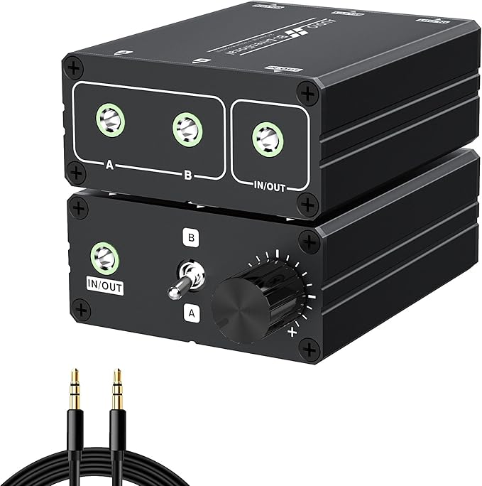 3.5mm Stereo Audio Switcher (2 in 2 Output / 2 in 2 Output) with 3.5mm Audio Cable, 2 Ports AUX Audio Speaker Selector for PC Mobile Laptop Headphones