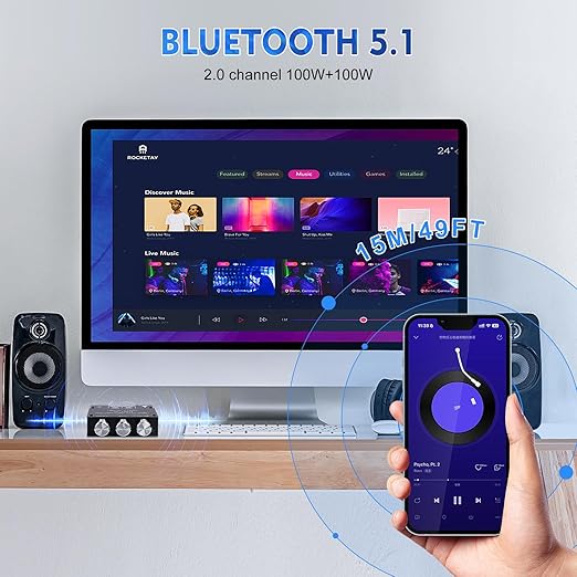 ZK 1002T Bluetooth 5.0 Amplifier Board, 2x100 Watt amp with TPA3116D2 Chip, Stereo Amplifier 2.0 Channel with Treble and Bass Control BT and AUX Inputs for DIY Speaker Kit