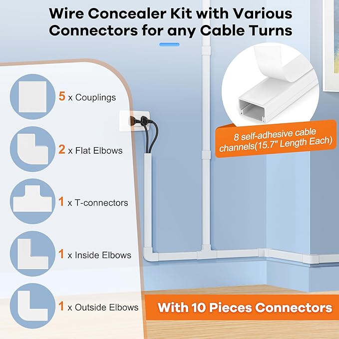 126in Cord Hider Kit, ZhiYo Cord Covers for Wall Mounted TV, Paintable Wire Cover for Cords, TV Cable Hider Wall Kit, Cable Cover Wire Management, White Cords Concealer, 8 x L15.7in W0.95in H0.55in