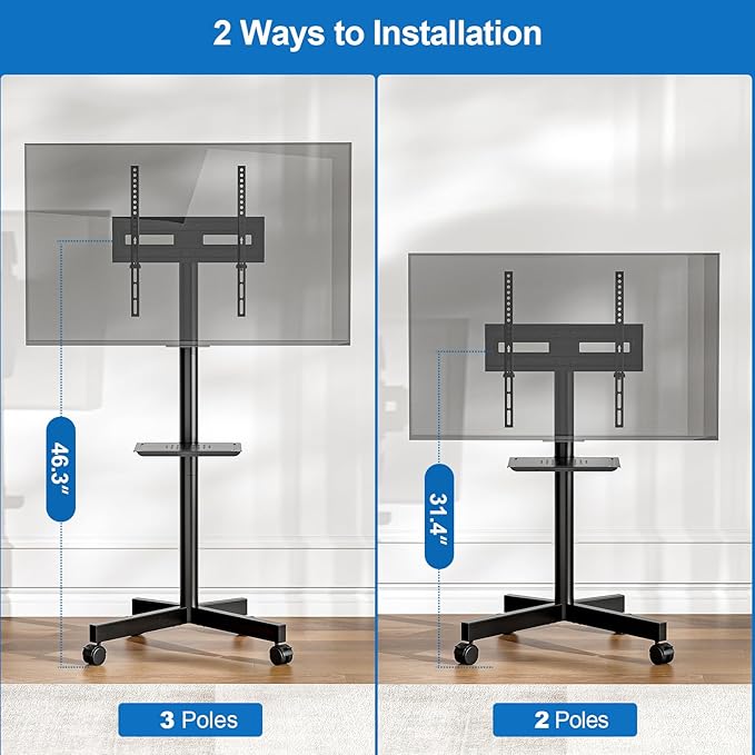 HOLMAXD Mobile TV Stand for 23-65 Inch LCD LED Flat/Curved Panel Screen TVs, Height Adjustable Rolling Floor TV Cart with Tilt Mount and Shelf, Portable Stand Holds up to 110 lbs, Max VESA 400x400mm
