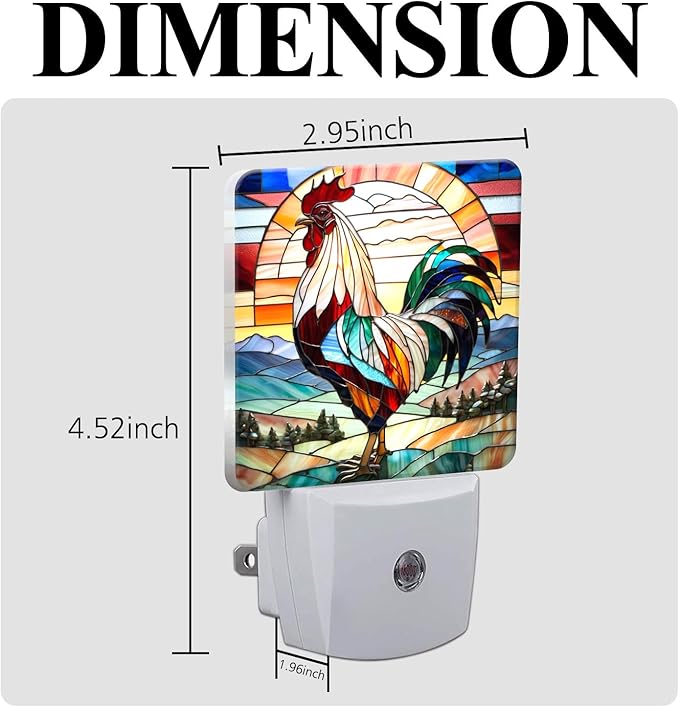 PODMemory Rooster Stained Glass Night Lights Plug into Wall for Room, Rooster Night Light LED for Bedroom