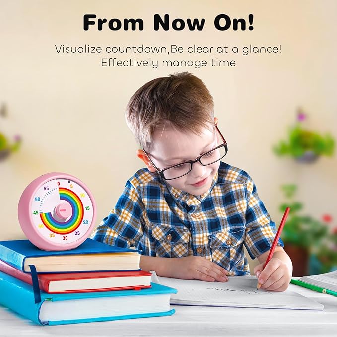 Visual Timer for Kids, 60-Minute Countdown Timer for Classroom Office Kitchen, Desk Timer Kids Time Management Tools with Silent Operation, Pomodoro Time Rainbow Pattern (Pink)