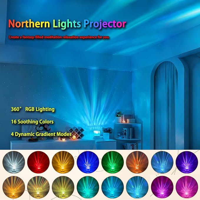 Growalleter Northern Lights Projector, 16 Colors Rechargeable Aurora Light Projector & Mood Lighting Galaxy Lamp, App Remote Night Light for Bedroom, Gift for Teenage Girls Room Decor (Battery)