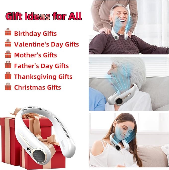 Portable Neck Fan,Hands Free Personal Wearable Bladeless Fan,6000mAh USB Rechargeable,360° Cooling,LED Display,4-Speeds,Birthday Gifts for Men Women Dad Mom,Valentines Day Gifts for Her Him (White)