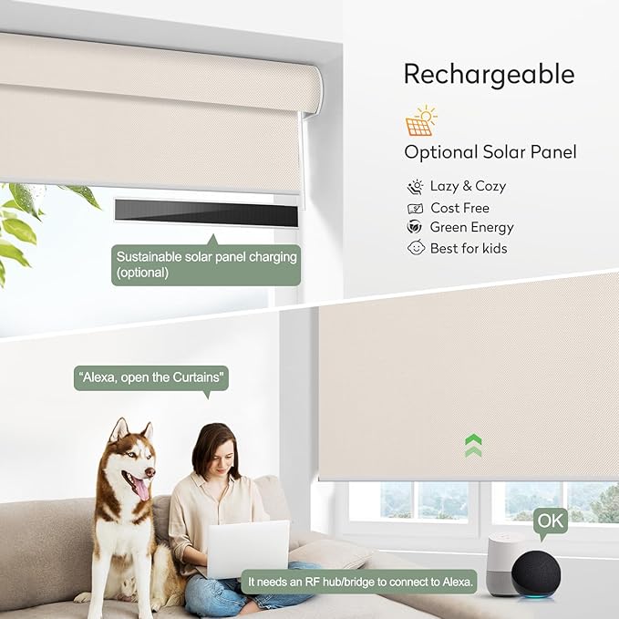 Zshine Motorized Blackout Window Blinds Customize Width (23-95 Inches) Remote Control Wireless and Rechargeable Roller Shades Blinds for Windows, Home, Office, Hotel, Club, Restaurant(82006D)
