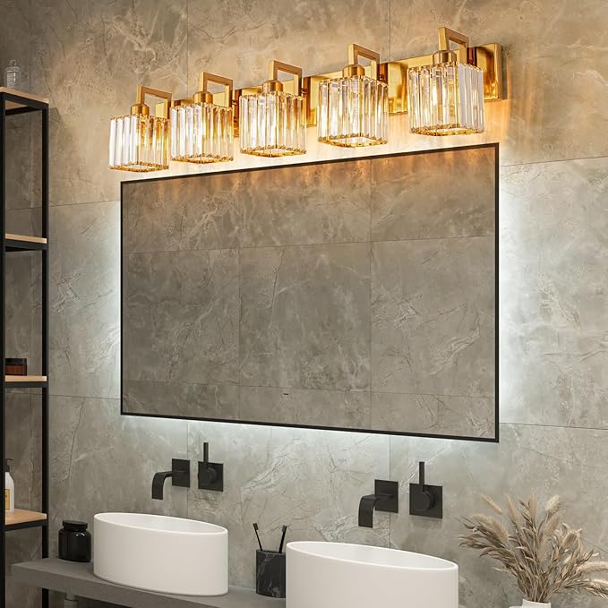 FDPBY Modern Bathroom Vanity Light 5-Lights Chrome Crystal Wall Lamp Bathroom Modern Crystal Vanity Lighting