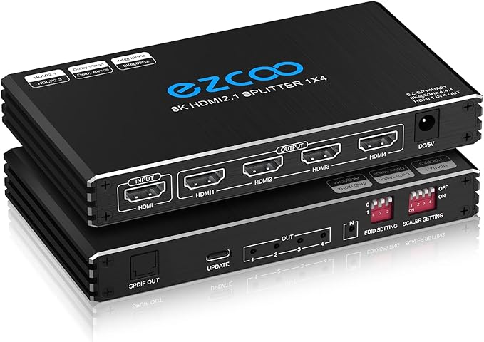 HDMI Splitter 1x4 4K 120Hz 4:4:4 HDR 8K 60Hz VRR G/Sync EDID Switch HDCP 2.2,HDCP 2.3 Bypass,Duplicate/Mirror,EDID,Copy,Downscale, HDR for Game PC Xbox PS5 Roku Fire TV